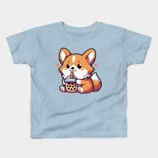 cute corgi with a big fan of boba Kids T-Shirt